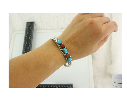 Navajo Bracelet 925 Silver Coral & Turquoise Cuff Signed D C.80's