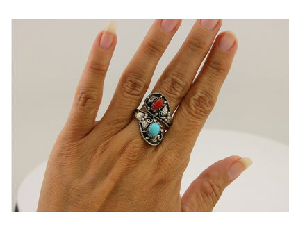 Navajo Ring 925 Silver Turquoise & Coral Artist Signed WB C.80's