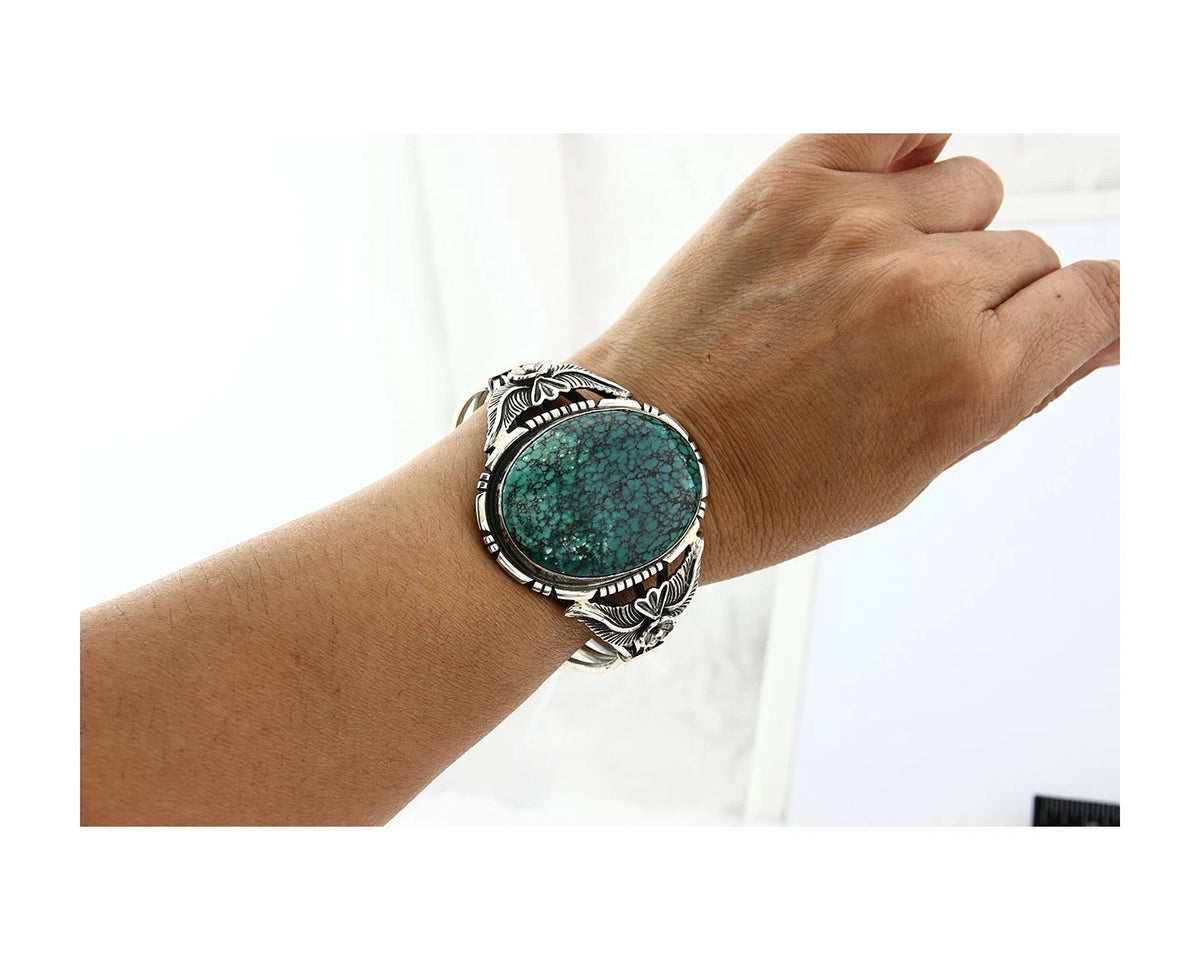 Navajo Cuff Bracelet Sterling Silver Turquoise Vintage Signed Russell Sam