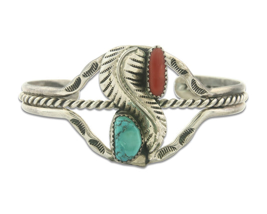 Vintage Navajo Bracelet 925 Silver Red Coral Turquoise Authentic