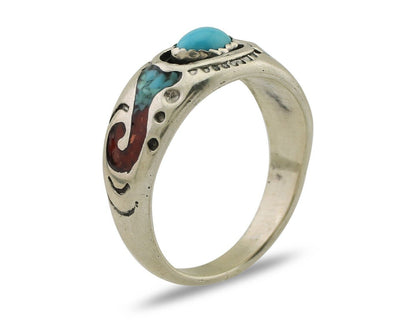 Navajo Ring 925 Silver Turquoise & Coral Natural American Artist C.80's