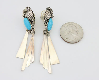 Navajo Dangle Earrings 925 Silver Natural Blue Turquoise Artist Signed M.S. C80s