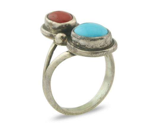 Vintage Navajo Ring 925 Sterling Natural Coral & Turquoise Native Artist Size 8