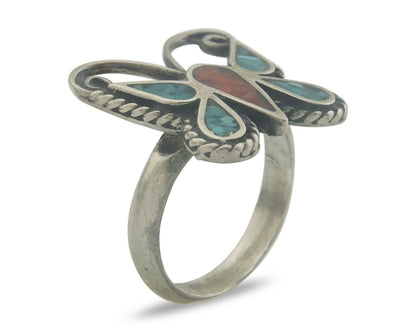 Navajo Ring 925 Silver Inlaid Butterfly Turquoise & Coral C.80's Size 4.5
