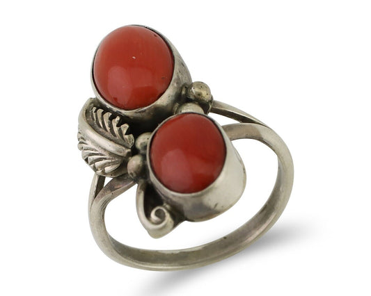 Navajo Ring 925 Silver Natural Mediterranean Coral Artist Signed A C.80's