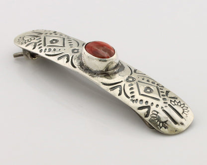 Women Navajo Hair Clip Barrette 925 Silver White Red Spiney Oyster Native Artist