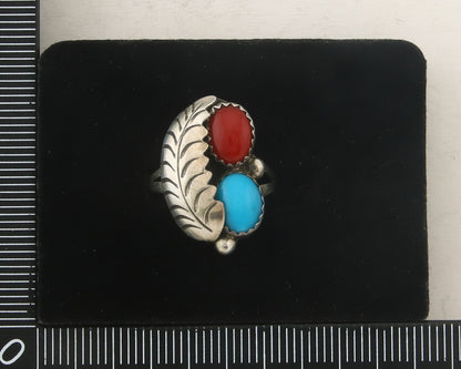 Navajo Ring 925 Sterling Natural Coral & Turquoise Signed BB C.80's Size 5.25