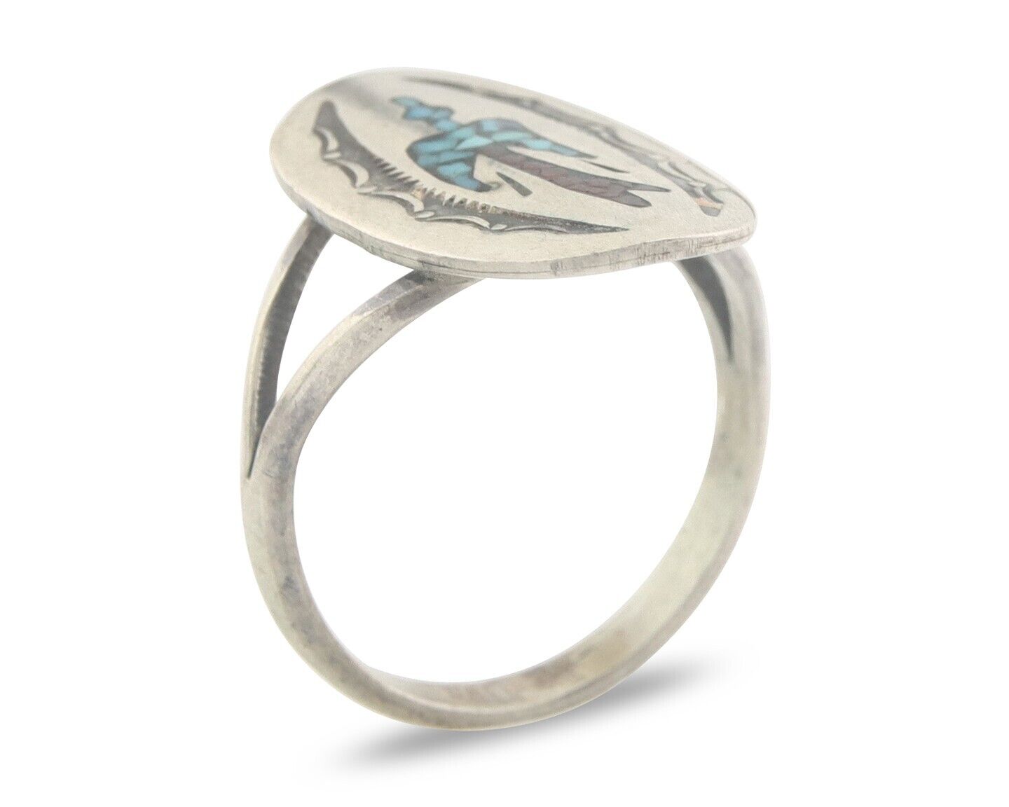 Navajo Ring 925 Sterling Natural Chip Inlay Coral & Turquoise C.80's Size 8.0