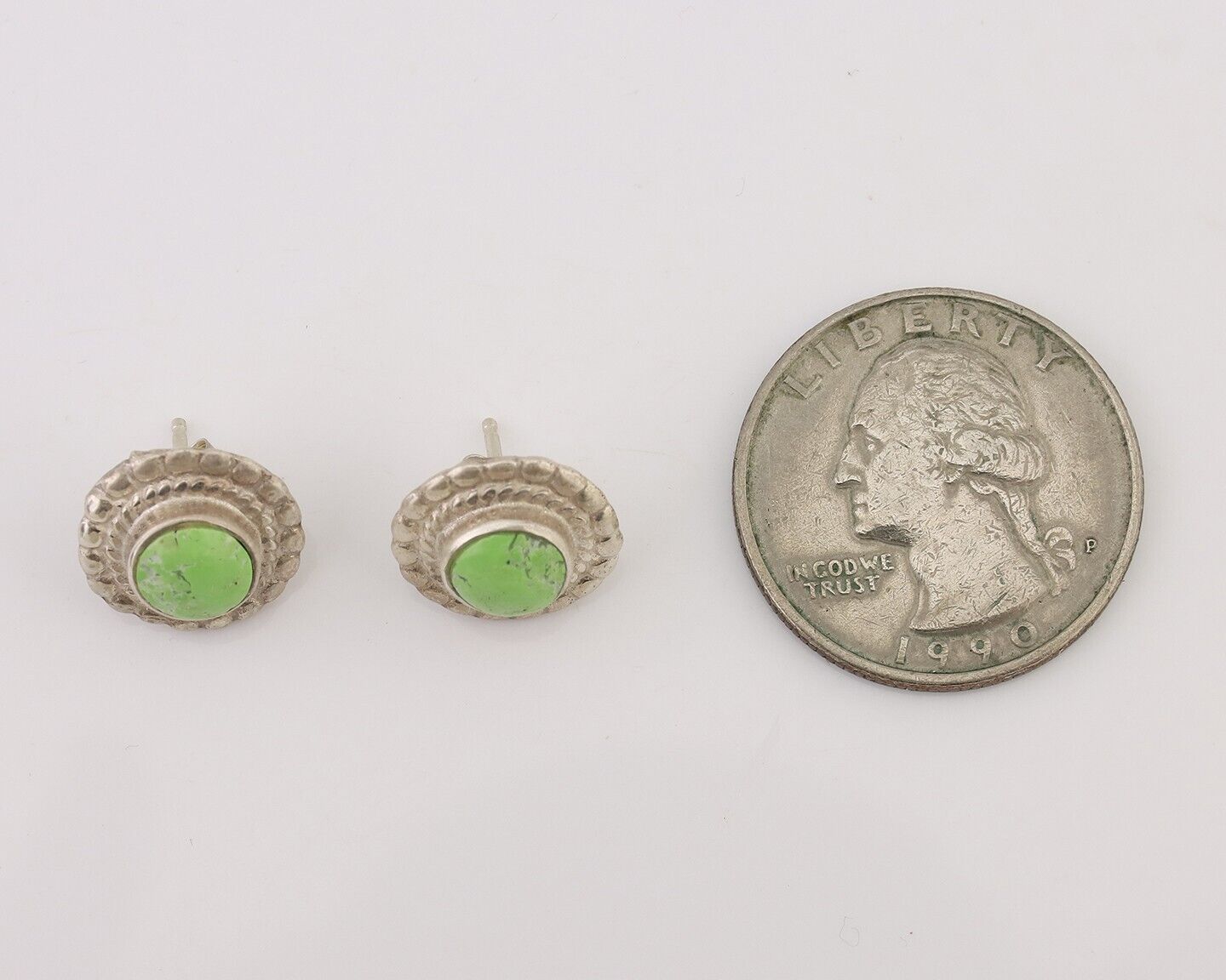 Navajo Earrings 925 Silver Natural Green Turquoise Native American Artist C.80's