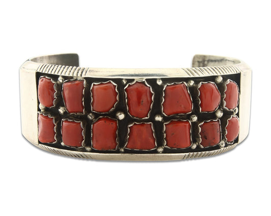 Vintage Navajo Bracelet 925 Silver Red Coral handmade Signed VL