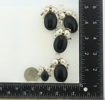 Navajo Necklace Earring Set Sterling Silver Onyx Vintage Signed NS