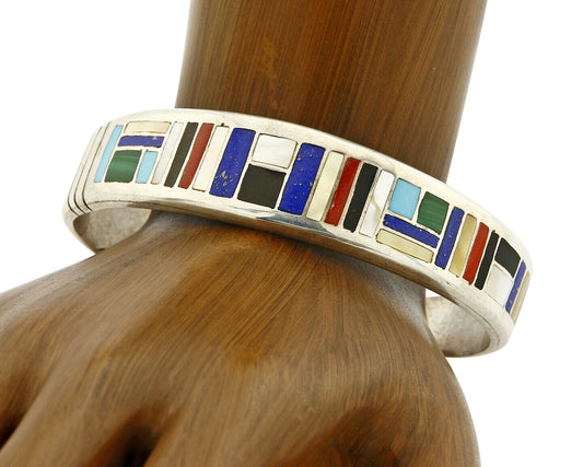 Early Artist David Freeland Inlaid Natural Gemstone .925 SOLID Silver Cuff