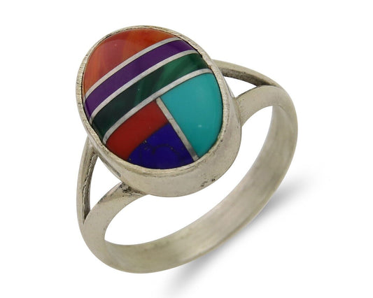 Navajo Ring 925 Sterling Silver Natural Gemstones Artist Signed Sunrise C.80's