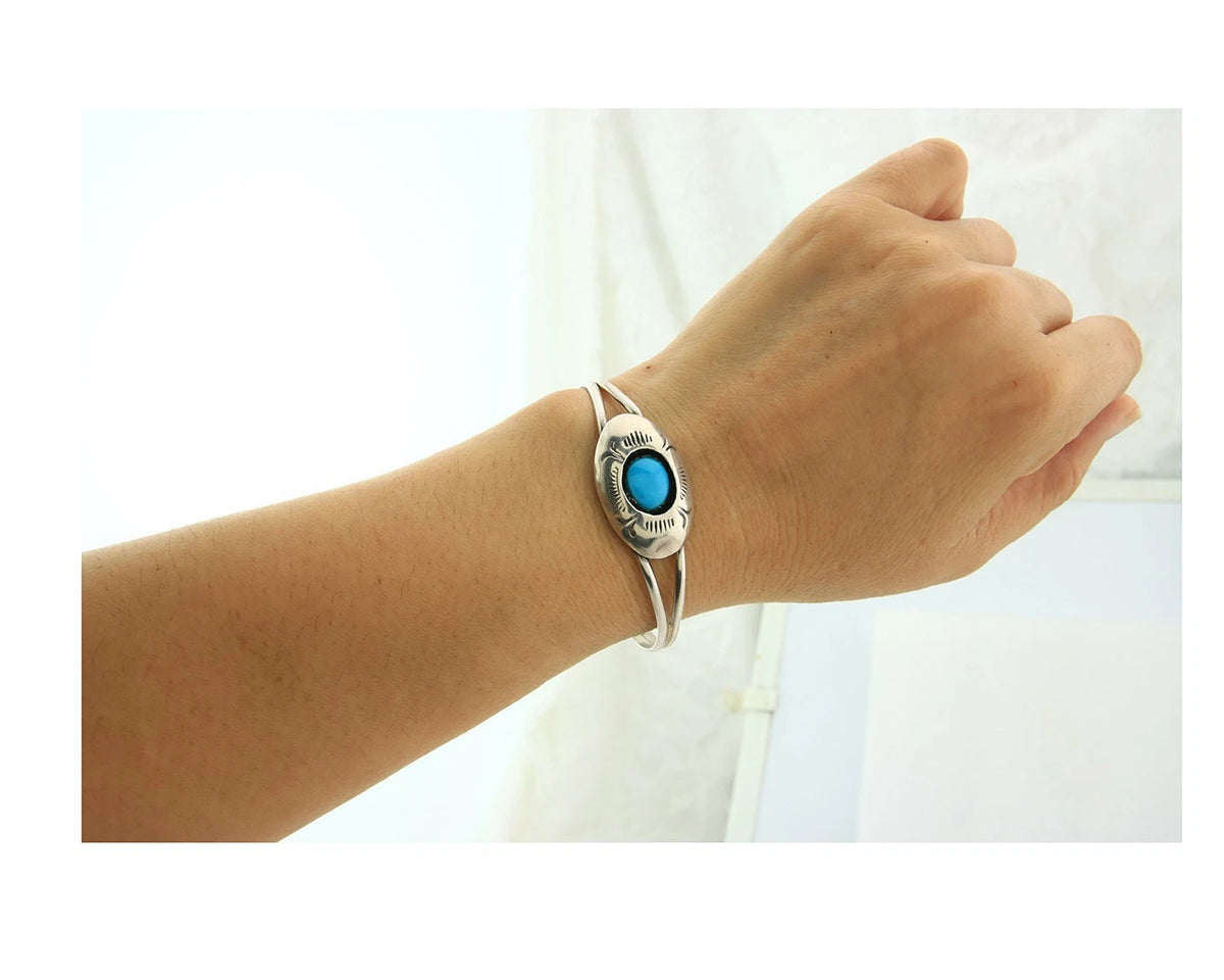 Navajo Cuff Bracelet 925 Sterling Silver Vintage Turquoise Signed LP HandStamped