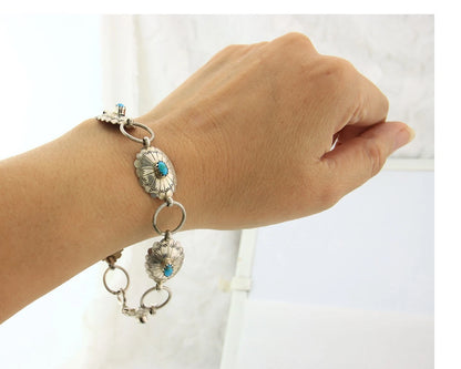 Navajo Concho Bracelet Sterling Silver Turquoise Hand Stamped Signed A.J.