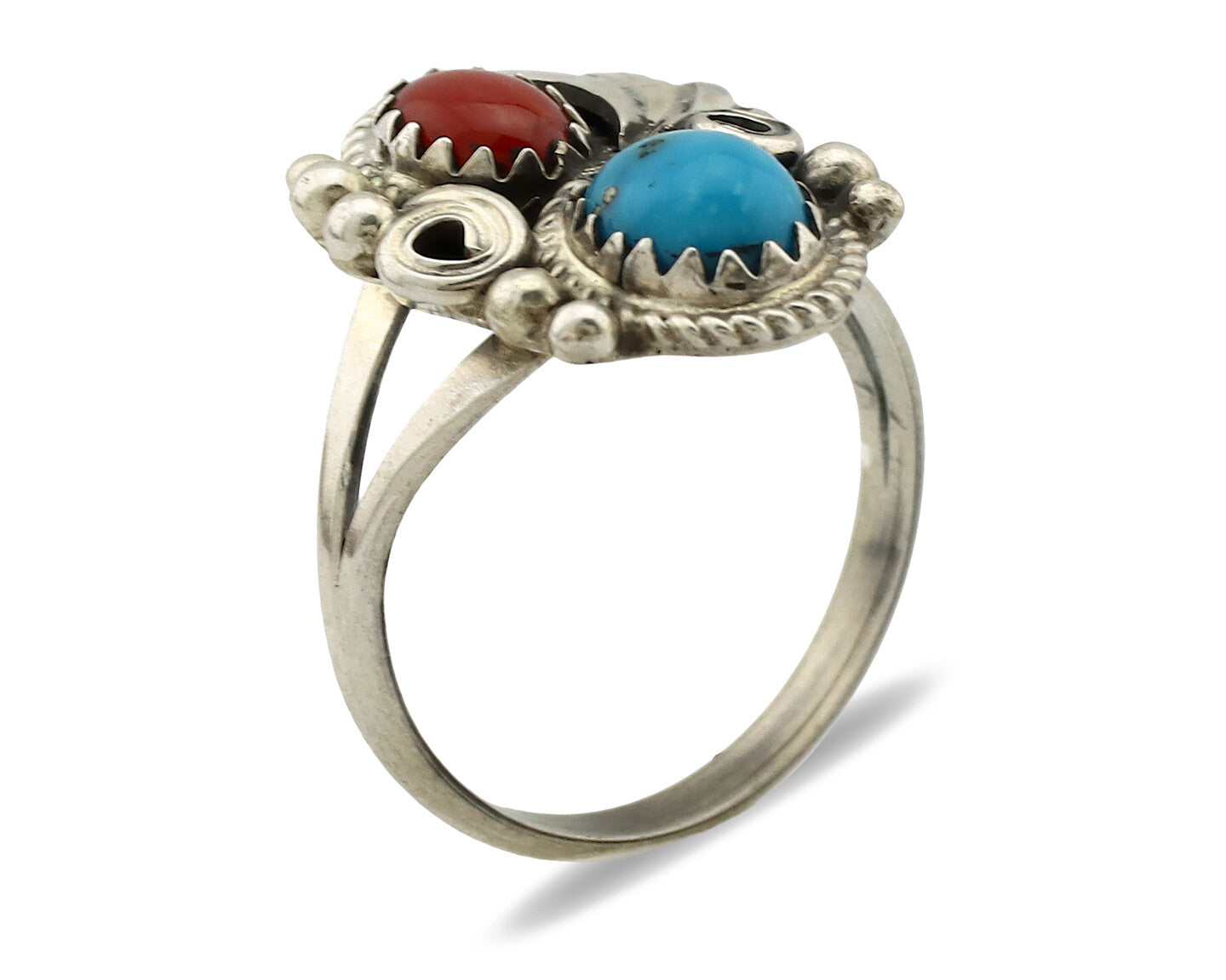 Navajo Ring .925 Silver Morenci Turquoise & Coral Native Artist Signed JM C.80's