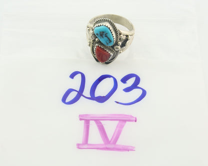 Men Navajo Ring 925 Sterling Natural Coral & Turquoise Signed JM C.80's Sz 11.75