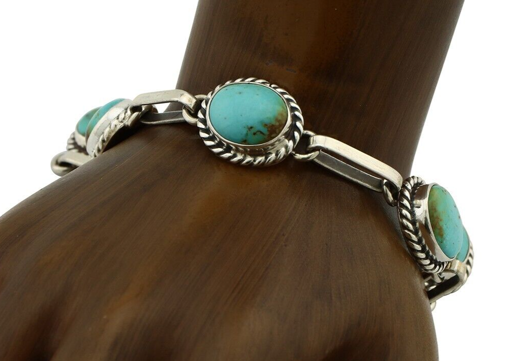 Navajo Link Bracelet .925 Silver Blue Turquoise Native American Artist C.80's