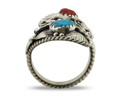 Navajo Adjustable Ring 925 Silver Turquoise & Coral Artist Signed Gecko C.80's