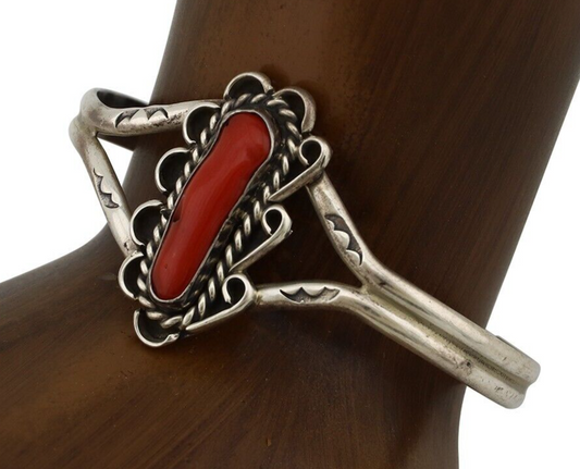 Navajo Bracelet 925 Silver Natural Red Coral Artist Signed L Begay C.80's