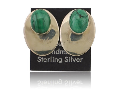 Navajo Shield Earrings 925 Silver Natural Malachite Signed Ella Peters C.80's