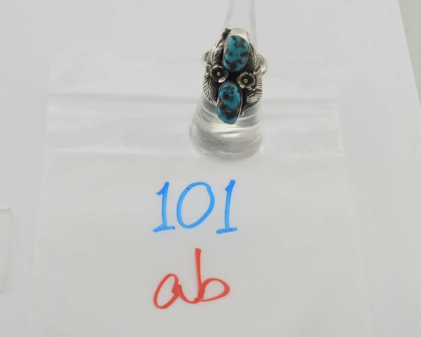 Navajo Ring 925 Silver Sleeping Beauty Turquoise Signed Evelyn Abeita C.80's