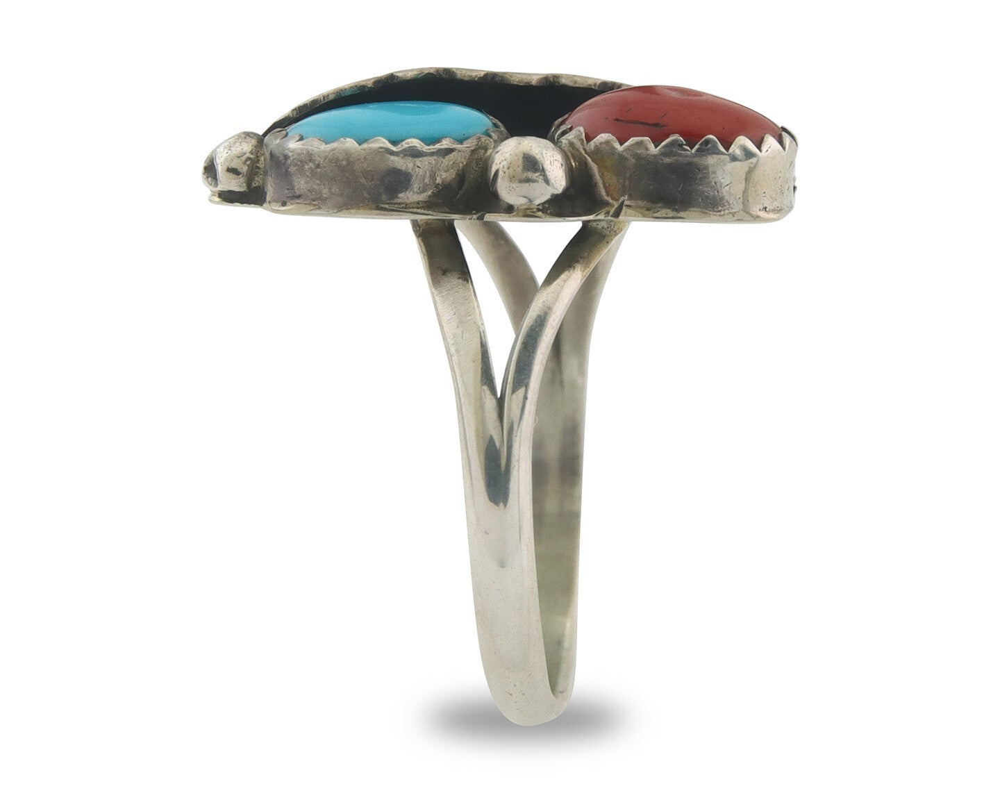 Navajo Ring 925 Sterling Natural Coral & Turquoise Signed BB C.80's Size 7.0