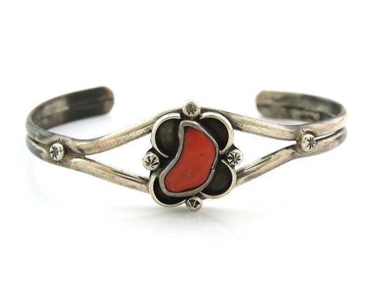 Navajo Cuff Bracelet Sterling Silver Vintage Coral Handmade Native Artist