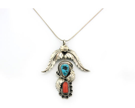 Navajo Necklace Sterling Silver Turquoise Coral Vintage Signed L Yazzie