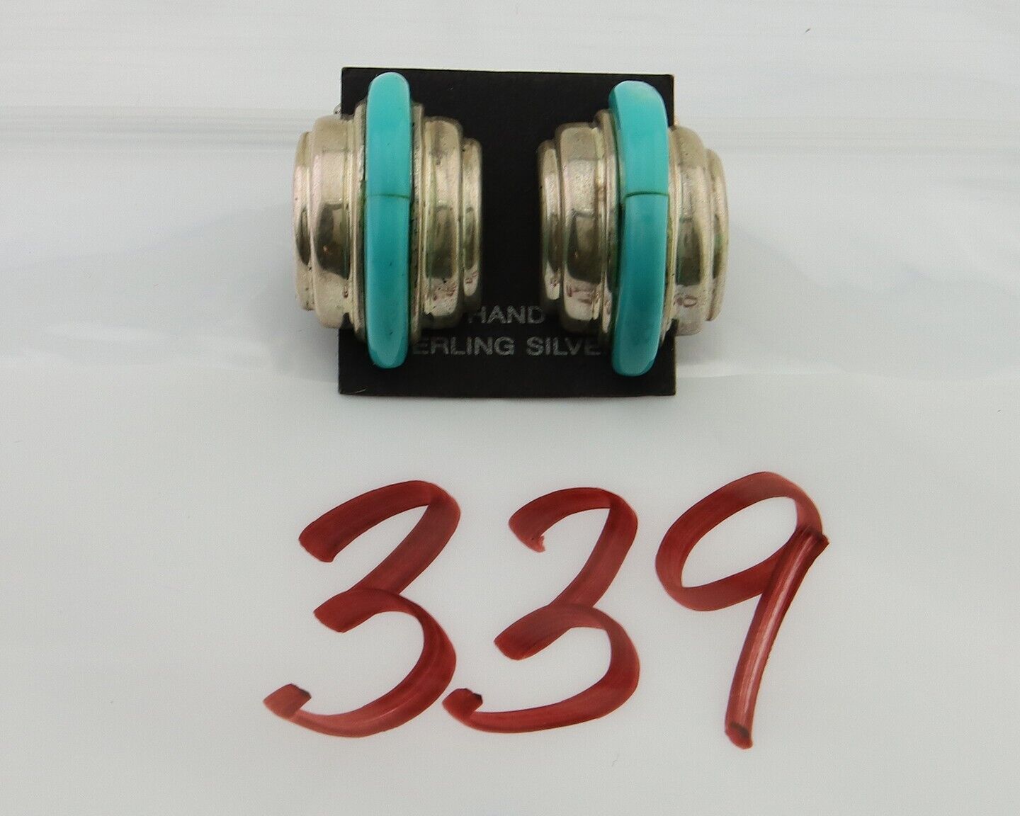 Navajo Half Hoop Earrings 925 Silver Natural Turquoise Artist Signed ShaRay C80s