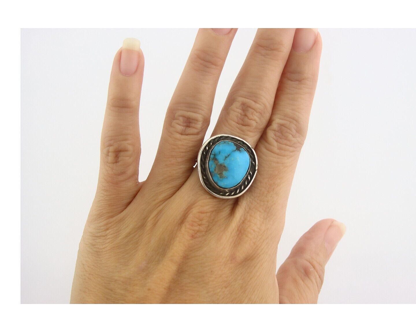 Navajo Ring 925 Sterling Natural Turquoise Native Artist C.80's Size 7.25