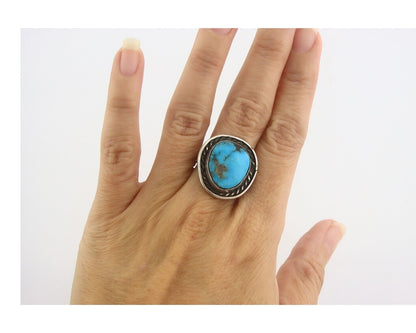 Navajo Ring 925 Sterling Natural Turquoise Native Artist C.80's Size 7.25