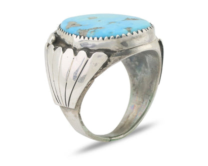 Mens Navajo Ring .925 Silver Natural Blue Turquoise Artist Signed CJ C.80's