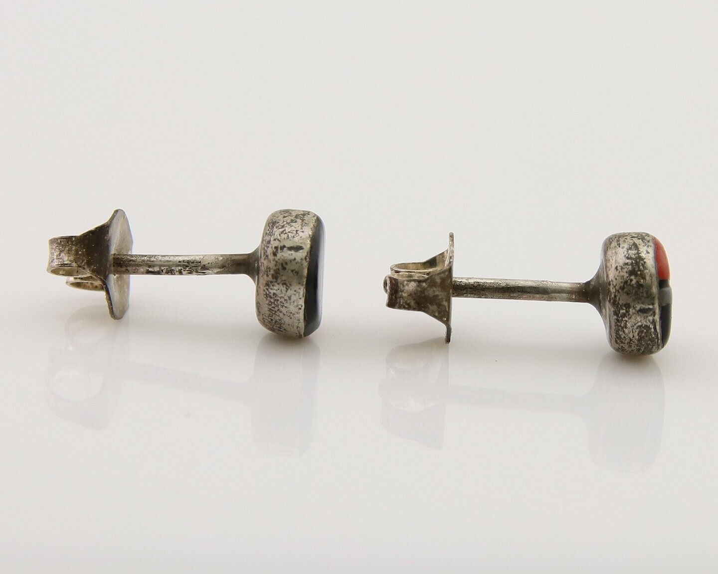 Navajo Earrings 925 Silver Inlaid Natural Onyx & Coral Native Artist C.80's