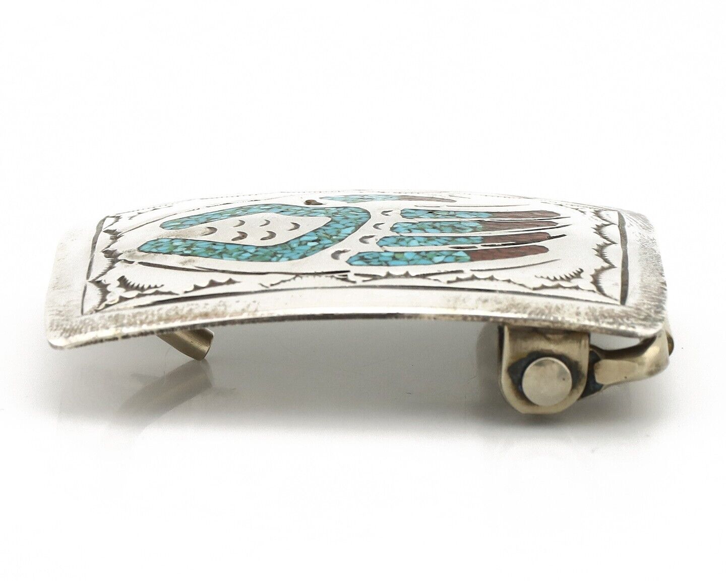 Navajo Belt Buckle .925 Silver Handmade Chip Inlay Artist Signed Begay C.80's