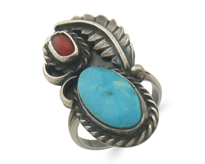 Navajo Ring 925 Sterling Natural Coral & Turquoise Native Artist C.80's Sz 7.25