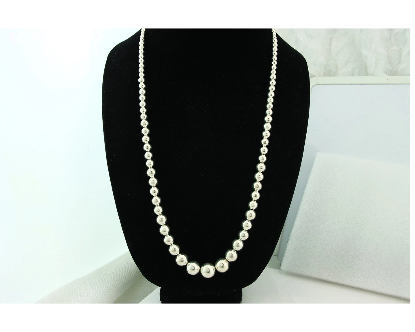 Navajo Bead Necklace 925 Sterling Silver Vintage Graduated 5mm-12mm 30in Long