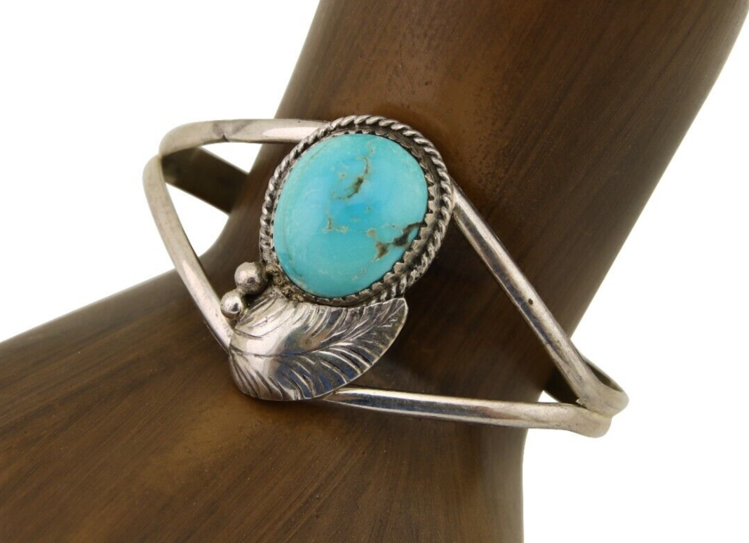 Navajo Hand Stamped Cuff Bracelet Turquoise 925 Silver Native American Artist