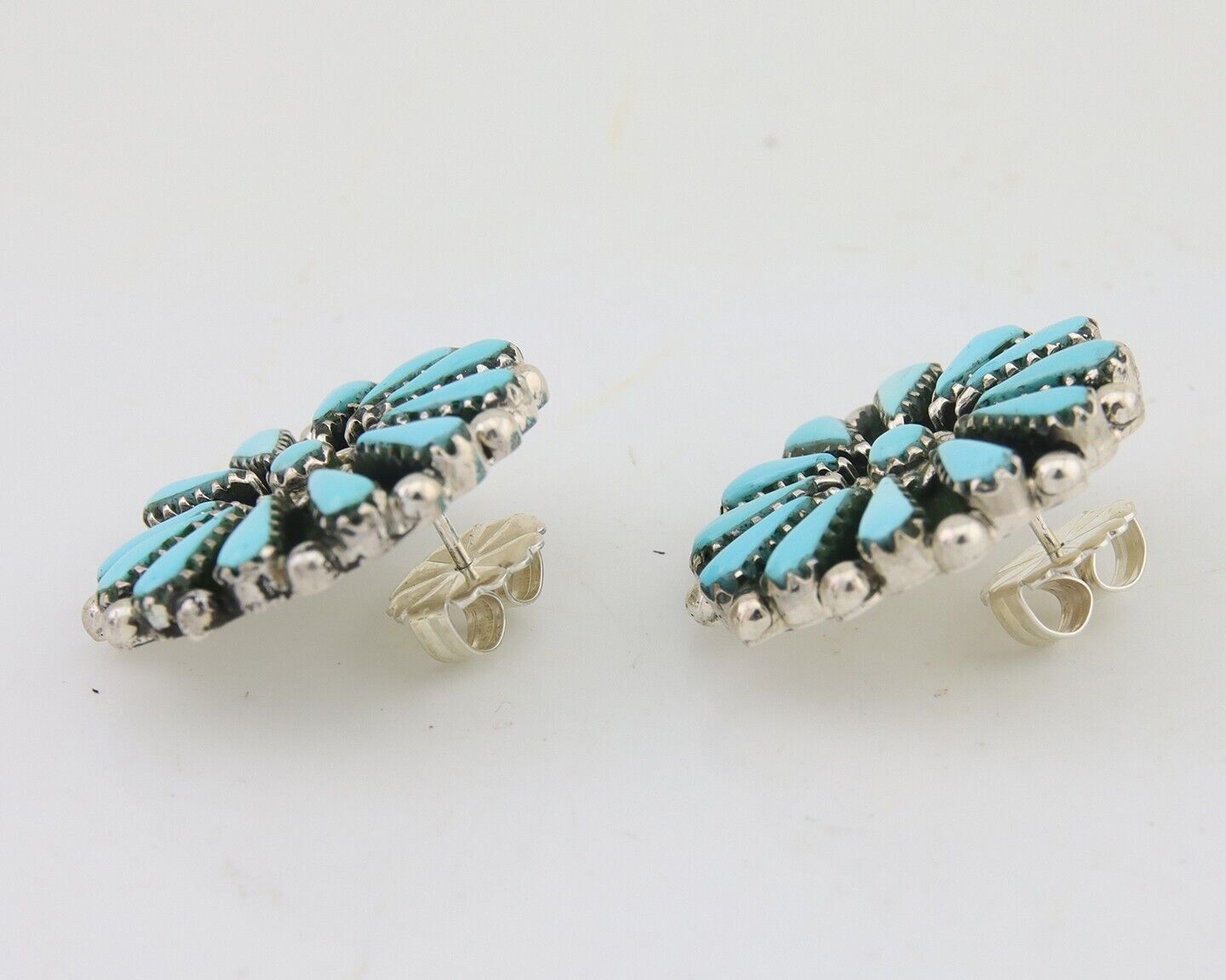 Navajo Petit Point Earrings 925 Silver Turquoise Signed Benson Yazzie C.80's