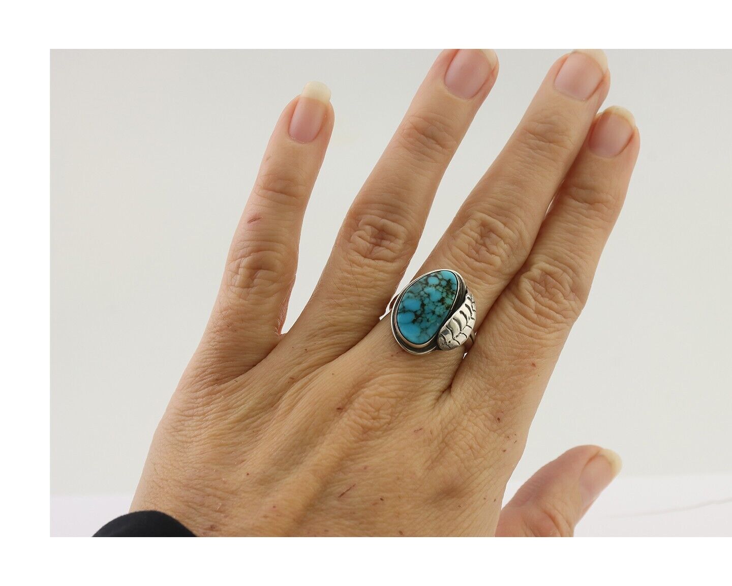 Mens Navajo Ring 925 Silver Spiderweb Turquoise Native American Artist C.80's