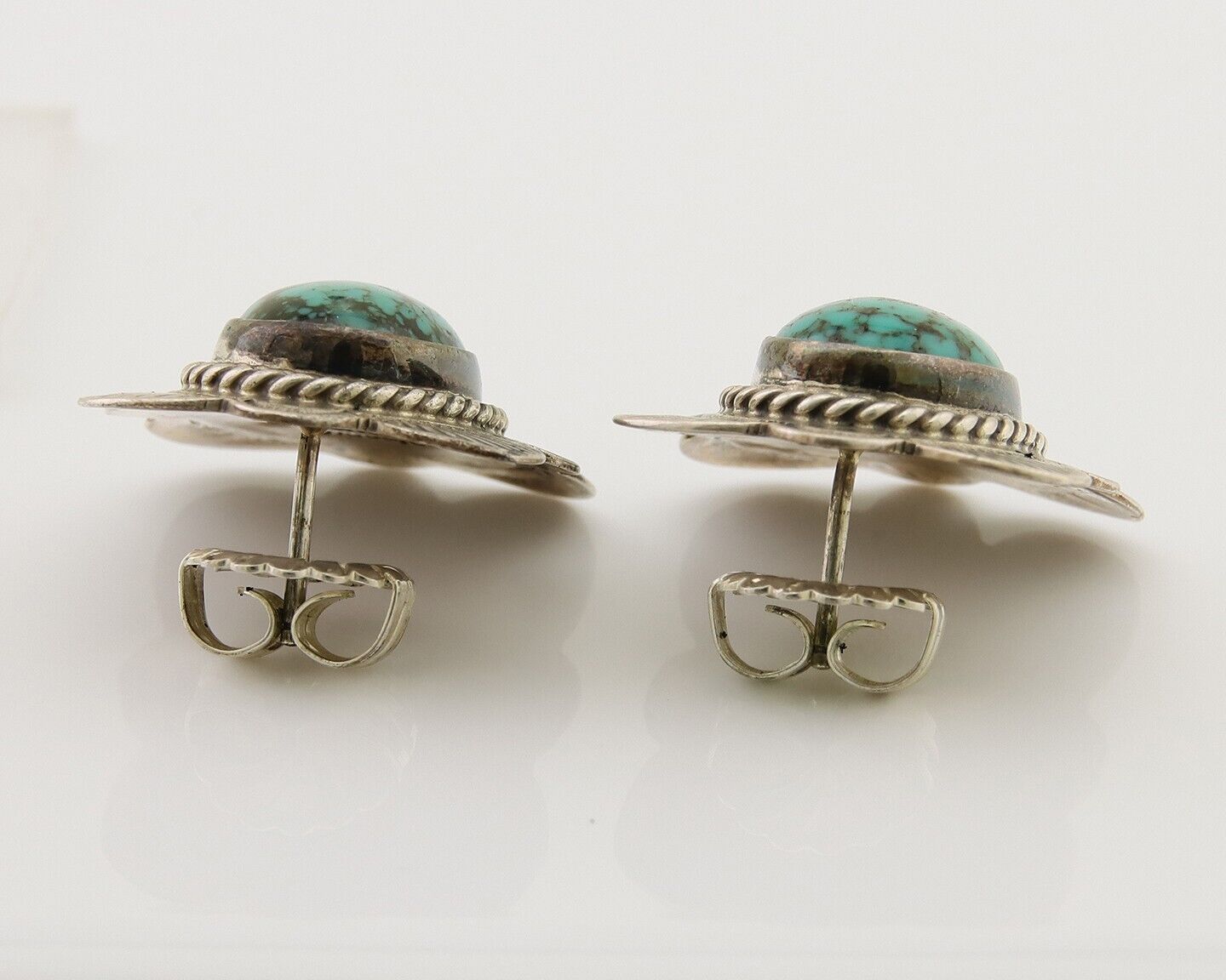 Navajo Earrings 925 Silver Inlaid Turquoise Artist Signed William Denetdale C80s
