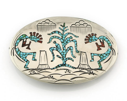 Navajo Corn Kokopelli Belt Buckle .999 Nickel Vintage Signed SD