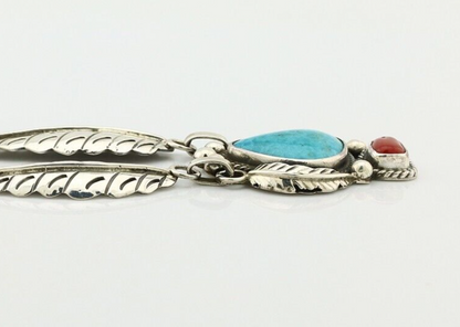 Navajo Necklace 925 Silver Turquoise & Coral Artist Signed Rabbit Stick C.2008