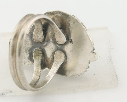 Navajo Ring 925 Sterling Natural Coral & Turquoise Signed EH C.80's Size 7.0