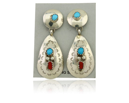 Navajo Earrings 925 Silver Turquoise & Coral Artist Signed Leeann Lee C.80's