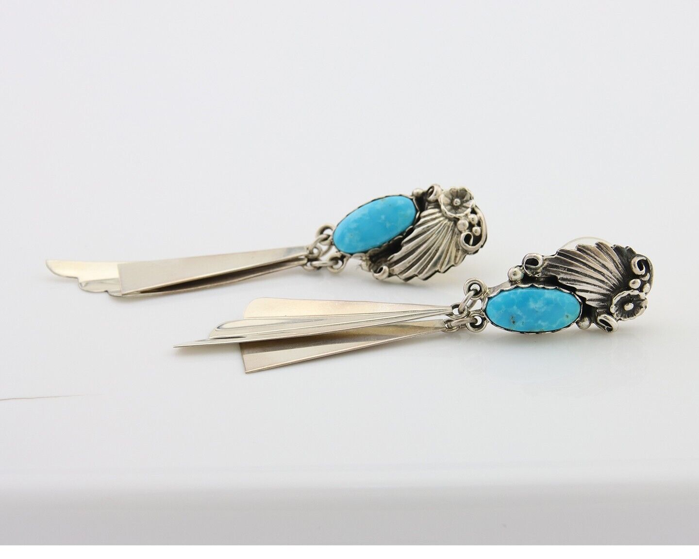 Navajo Dangle Earrings 925 Silver Natural Blue Turquoise Artist Signed M.S. C80s