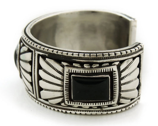 Navajo Cuff Bracelet Sterling Silver Black Onyx Vintage Signed Alvin Yazzie