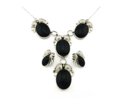 Navajo Necklace Earring Set Sterling Silver Onyx Vintage Signed NS