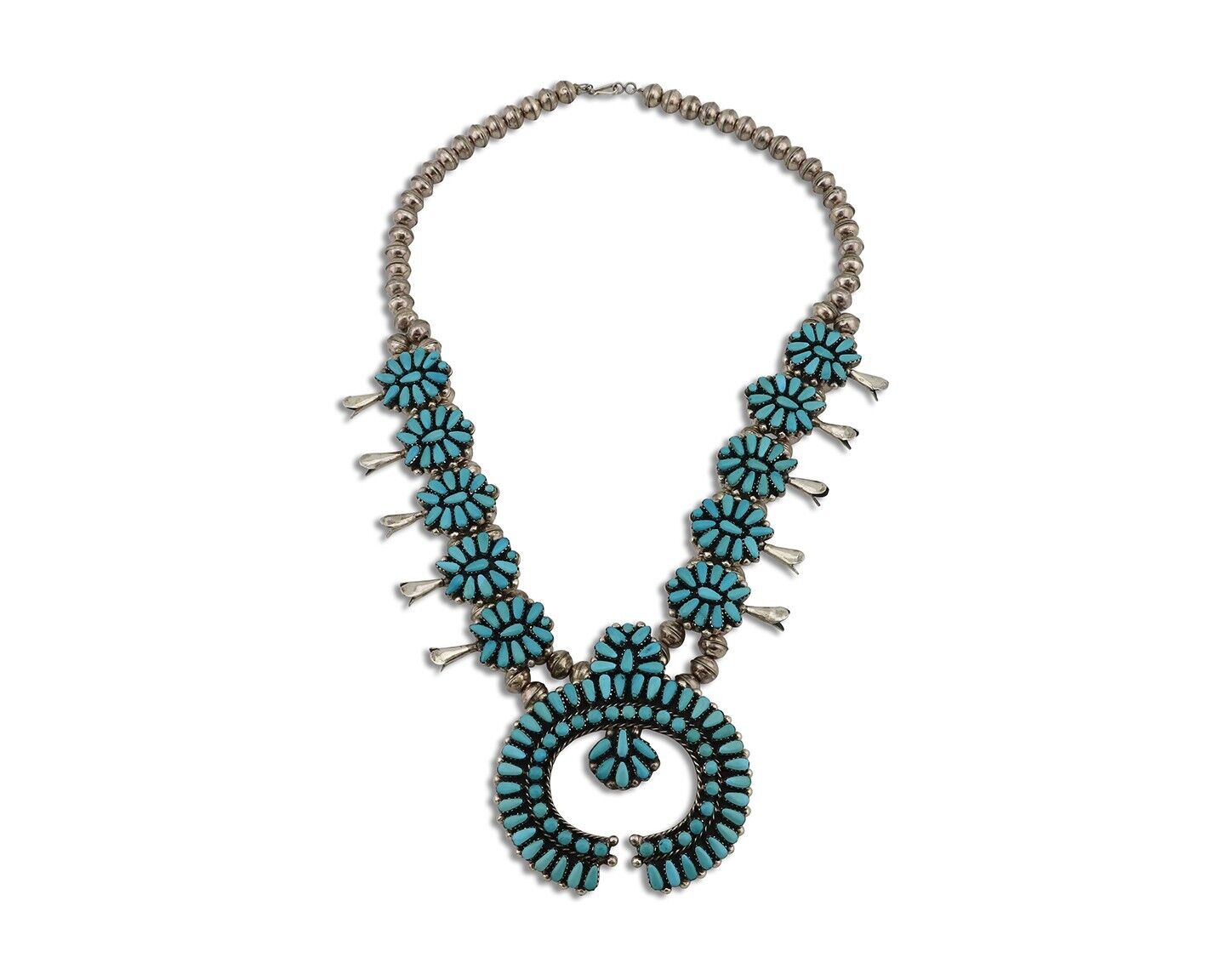 Zuni Squash Necklace 925 Silver Sleeping Beauty Turquoise Signed Wayco C.80's