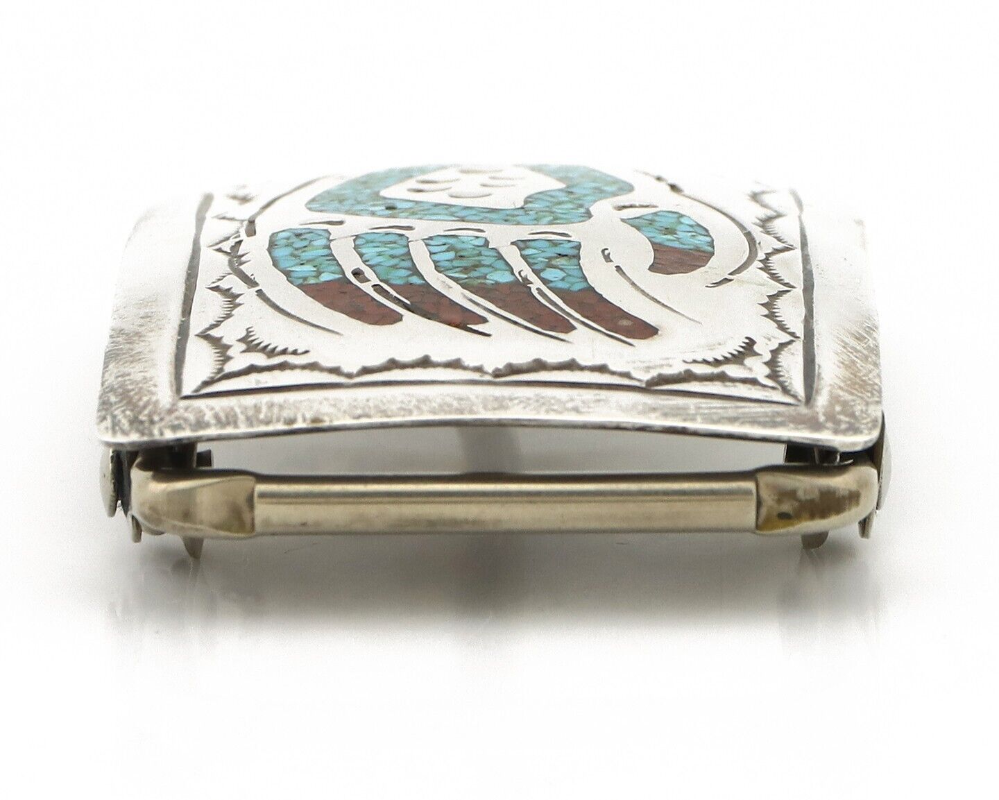 Navajo Belt Buckle .925 Silver Handmade Chip Inlay Artist Signed Begay C.80's